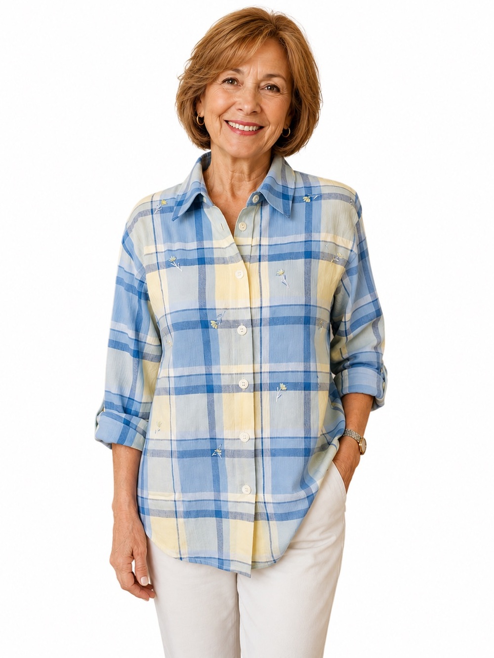 Draper’s & Damon’s Women’s Plaid Embroidered Button Down Shirt Size Small.